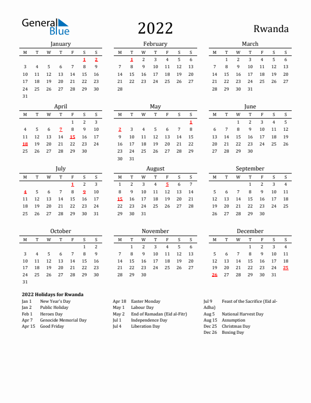 Rwanda Holidays Calendar for 2022