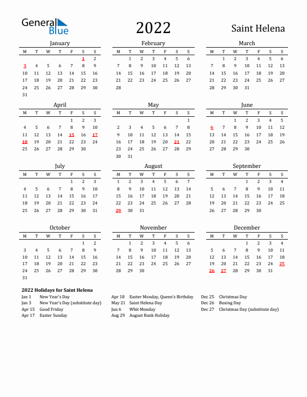Saint Helena Holidays Calendar for 2022