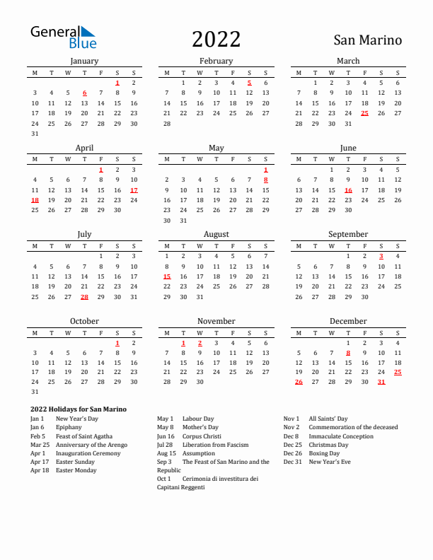 San Marino Holidays Calendar for 2022