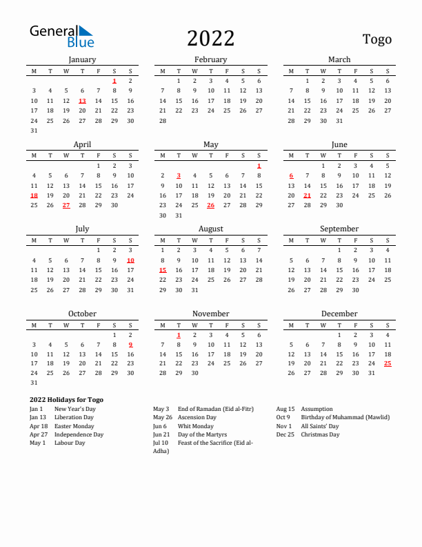 Togo Holidays Calendar for 2022