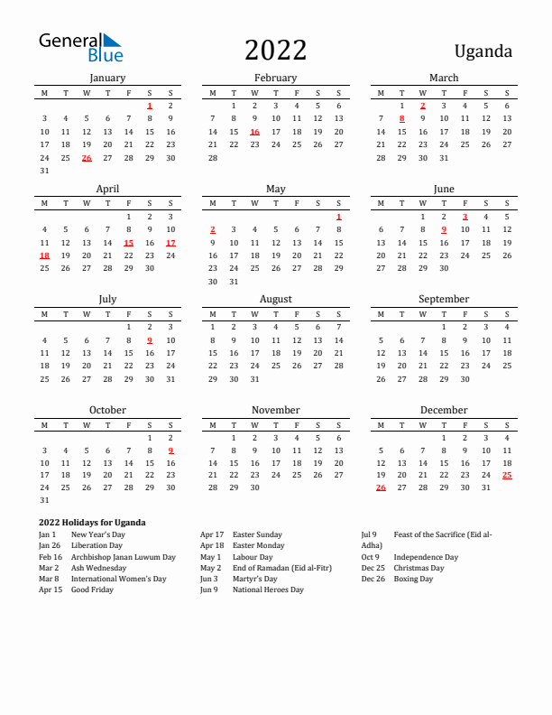 Uganda Holidays Calendar for 2022