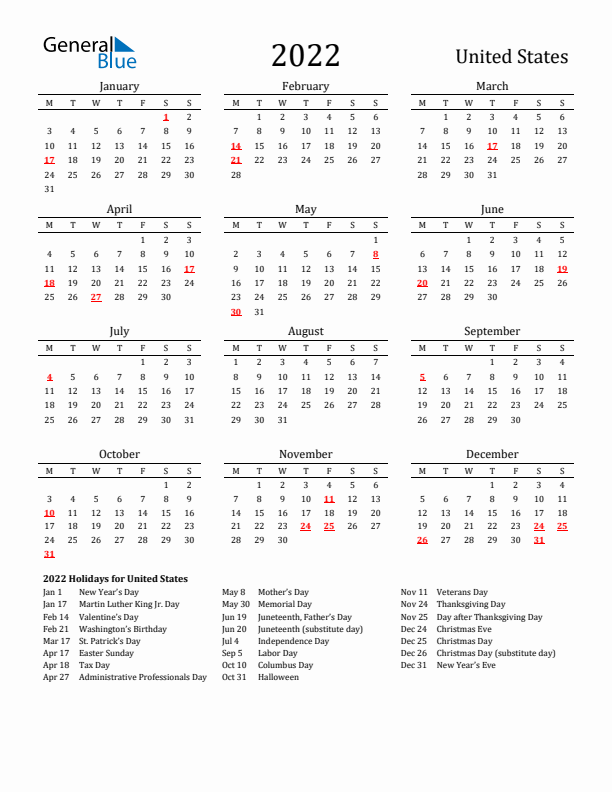 United States Holidays Calendar for 2022