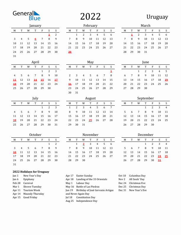Uruguay Holidays Calendar for 2022