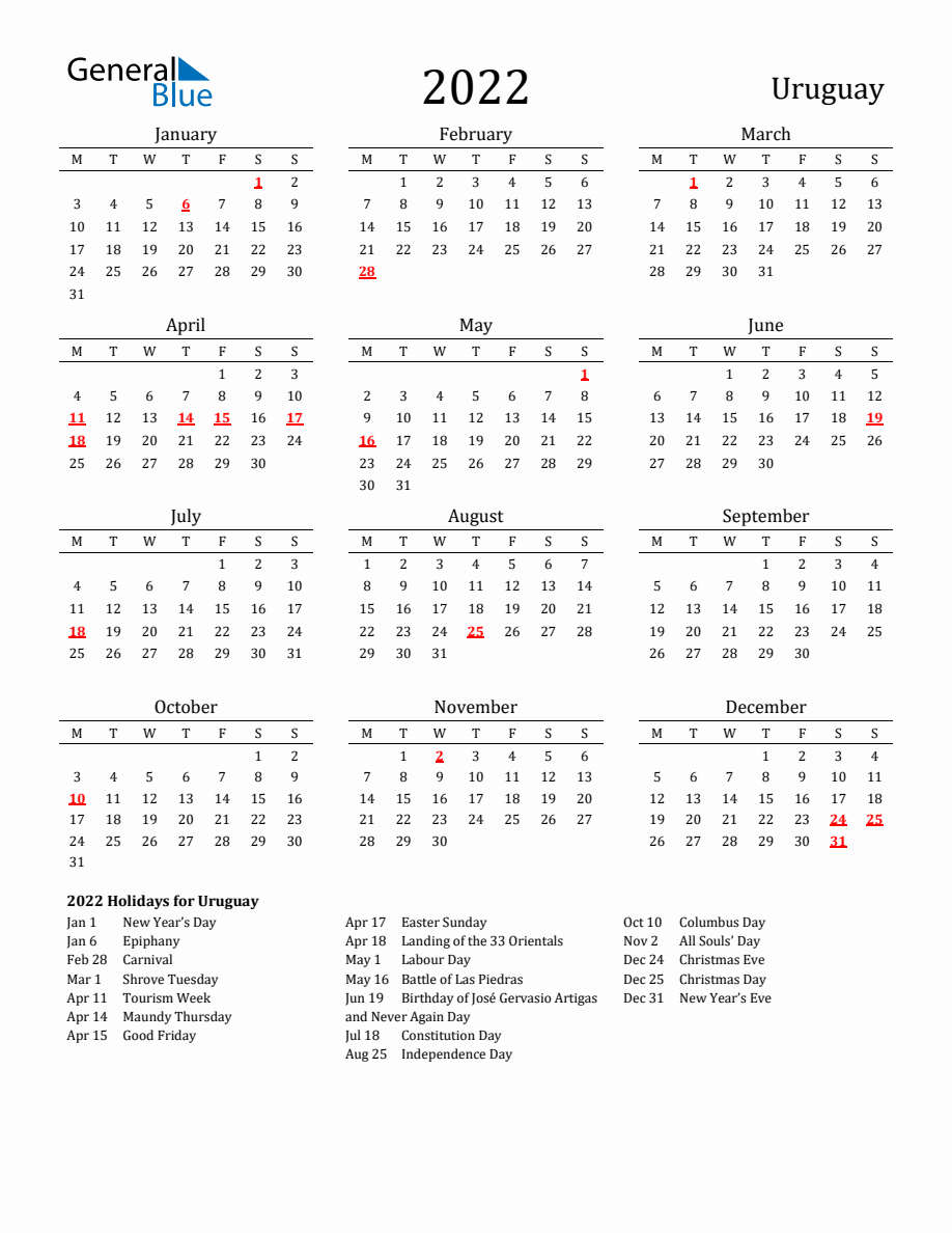 Free Uruguay Holidays Calendar for Year 2022