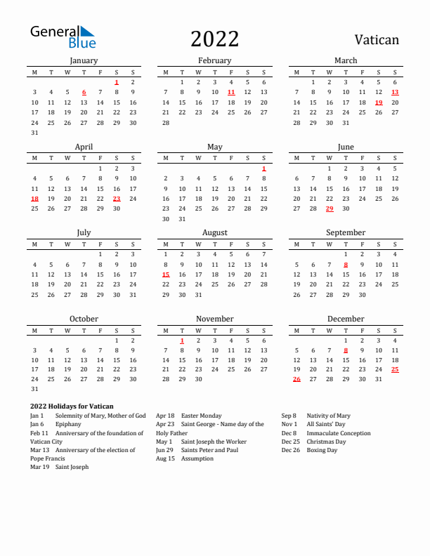 Vatican Holidays Calendar for 2022