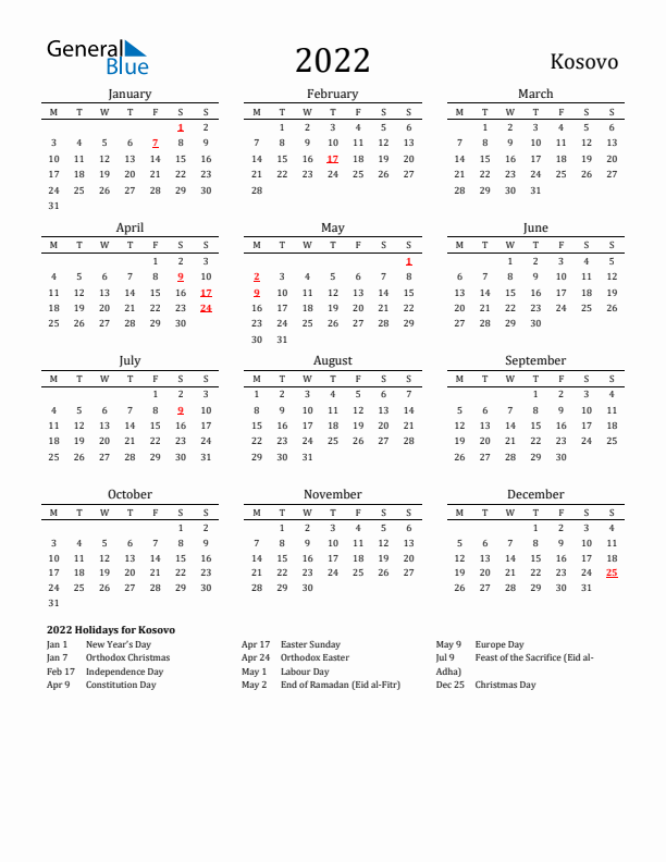 Kosovo Holidays Calendar for 2022