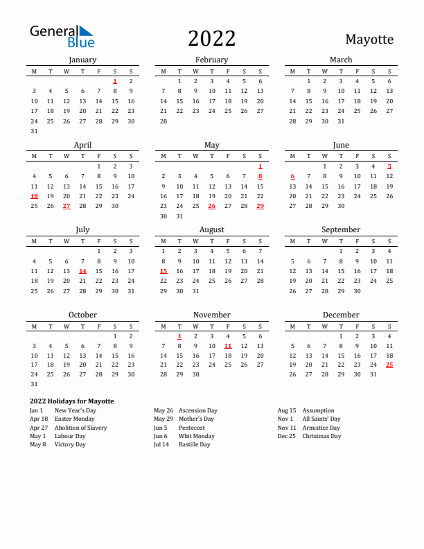 Mayotte Holidays Calendar for 2022