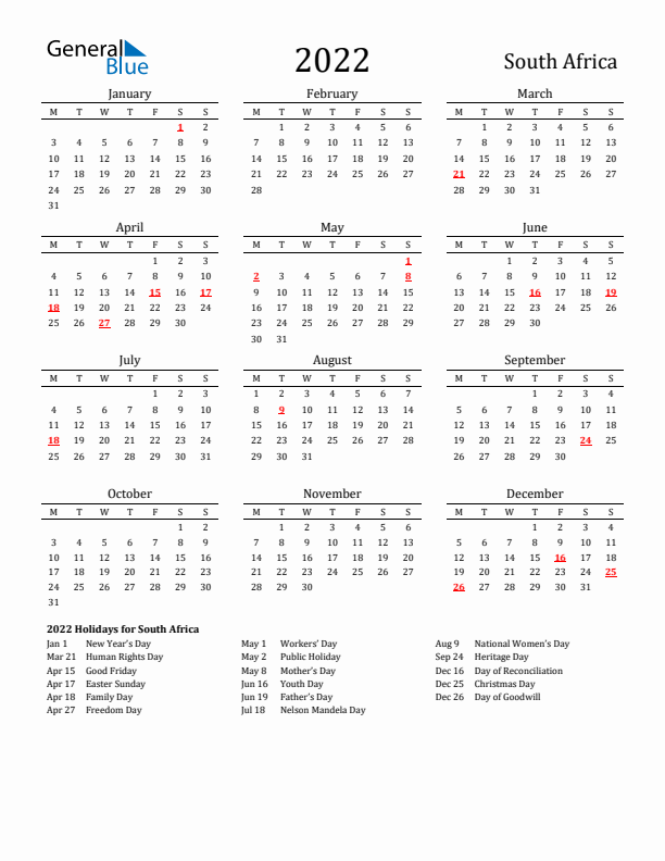 South Africa Holidays Calendar for 2022