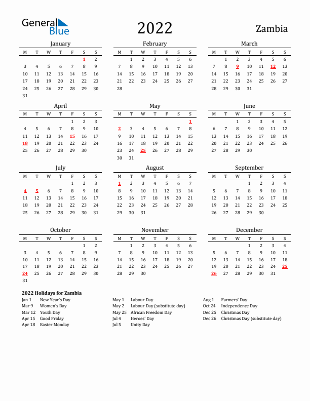 Zambia Holidays Calendar for 2022