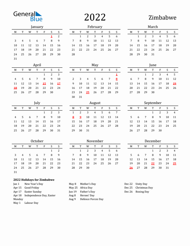 Zimbabwe Holidays Calendar for 2022