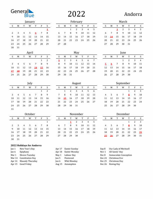Andorra Holidays Calendar for 2022