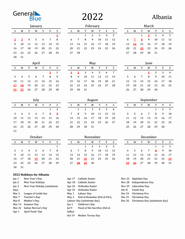 Albania Holidays Calendar for 2022
