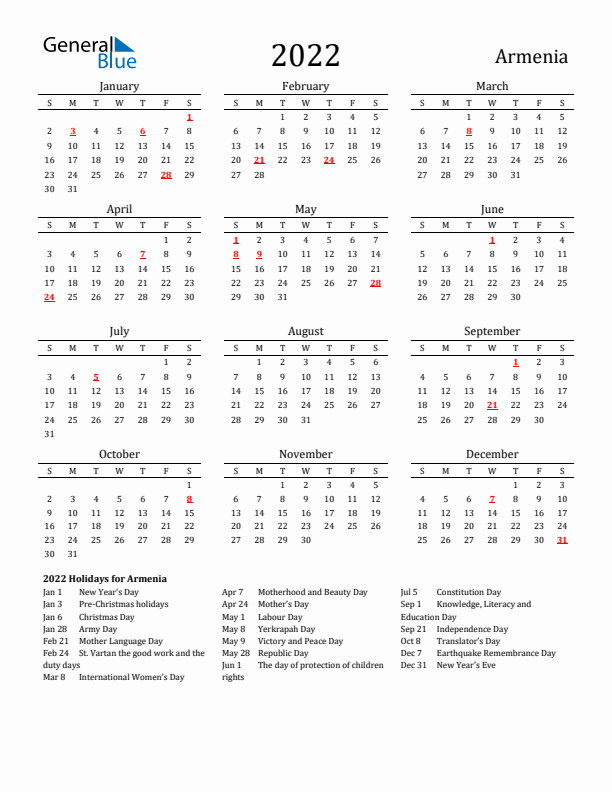 Armenia Holidays Calendar for 2022