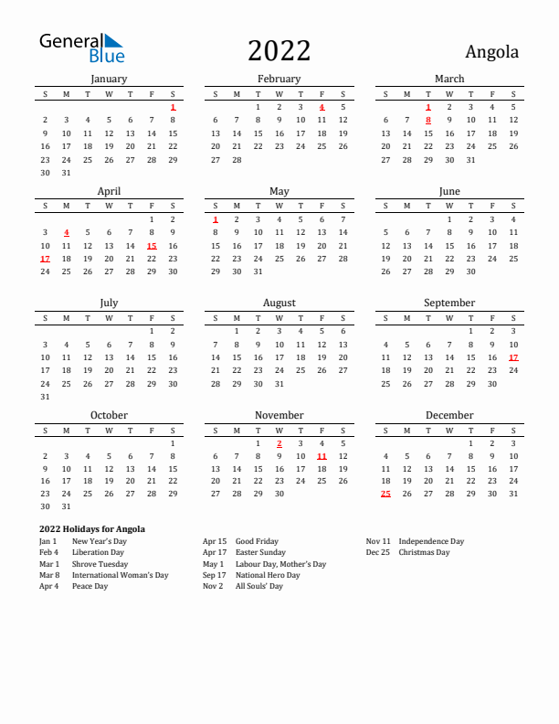 Angola Holidays Calendar for 2022