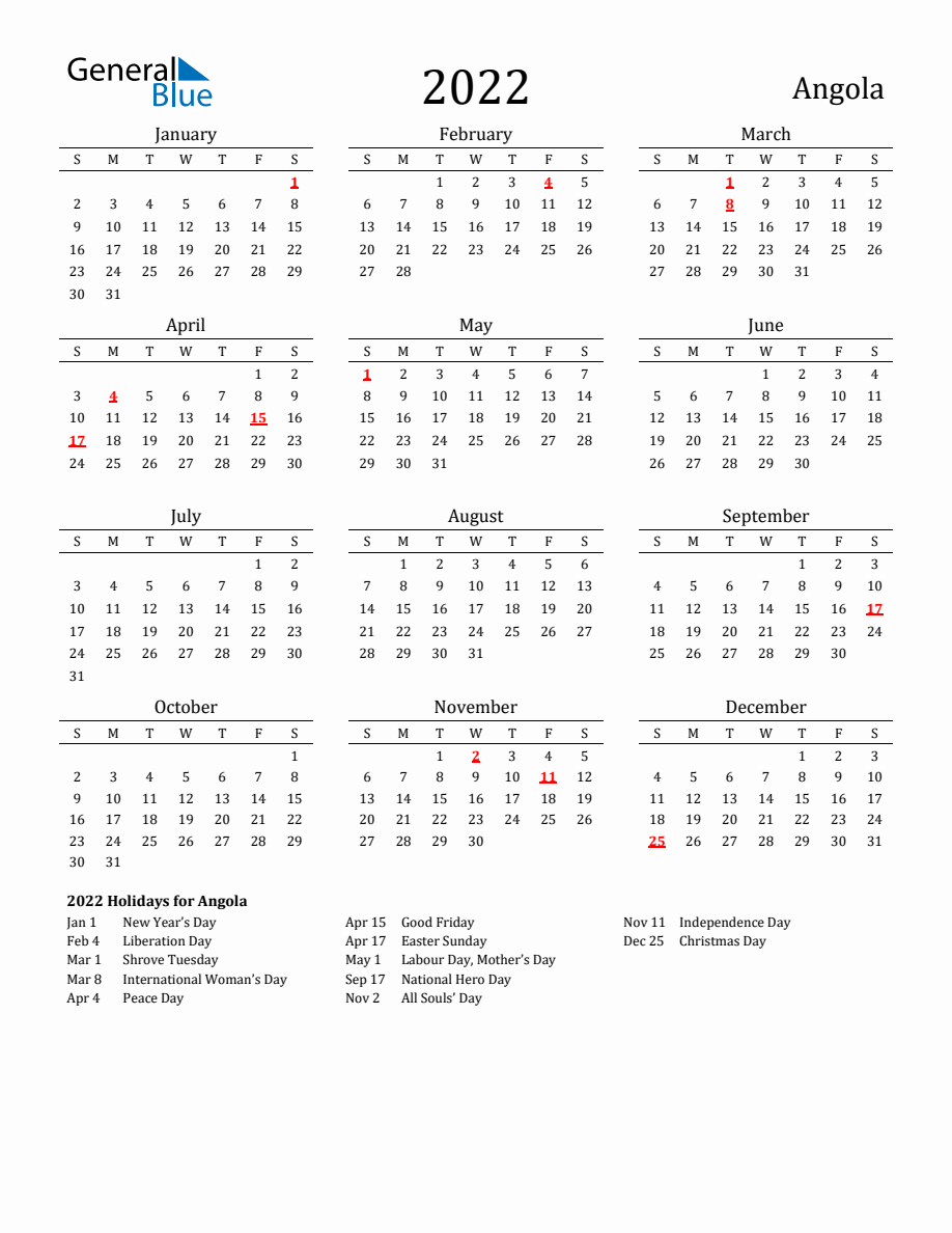 Free Angola Holidays Calendar For Year 2022