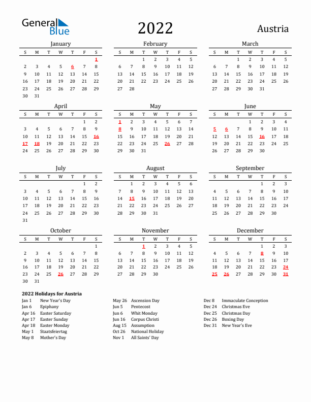 Austria Holidays Calendar for 2022