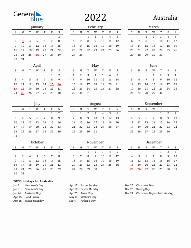 Australia Holidays Calendar for 2022