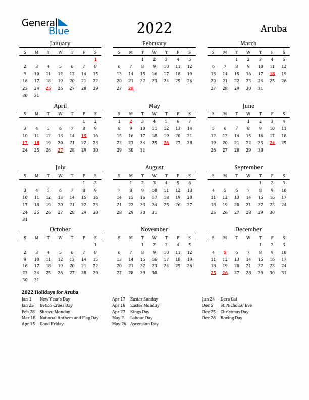 Aruba Holidays Calendar for 2022