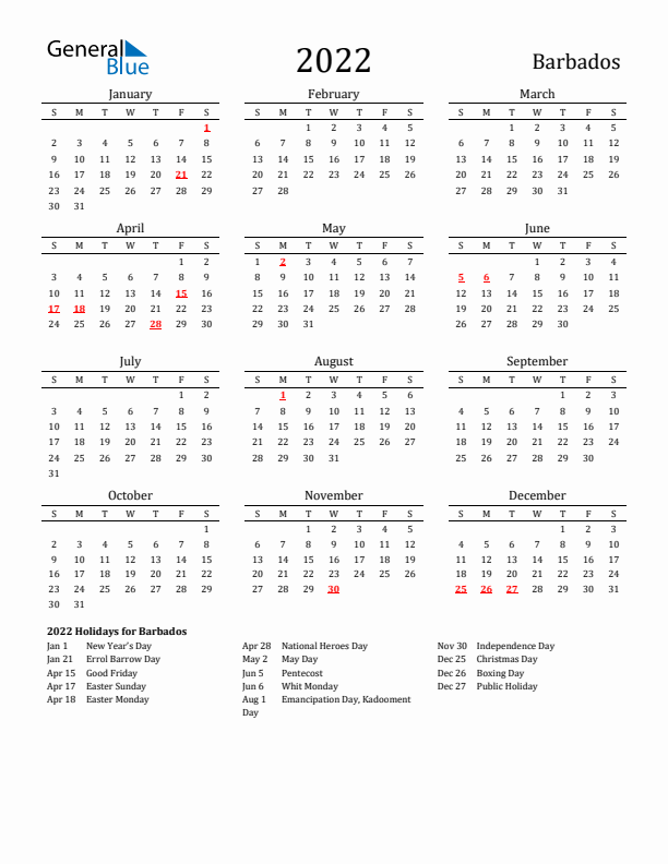 Barbados Holidays Calendar for 2022