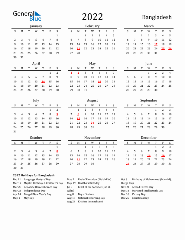 Bangladesh Holidays Calendar for 2022