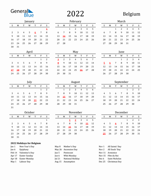 Belgium Holidays Calendar for 2022
