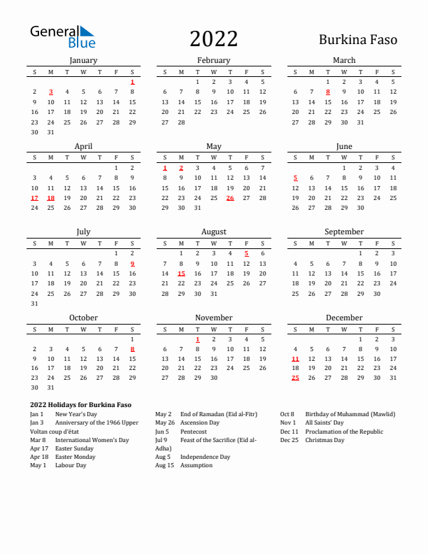 Burkina Faso Holidays Calendar for 2022