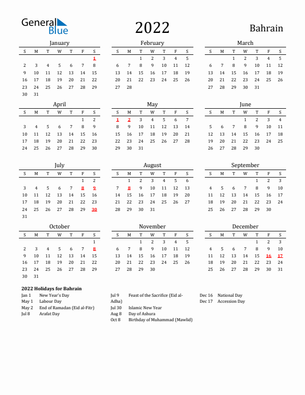 Bahrain Holidays Calendar for 2022