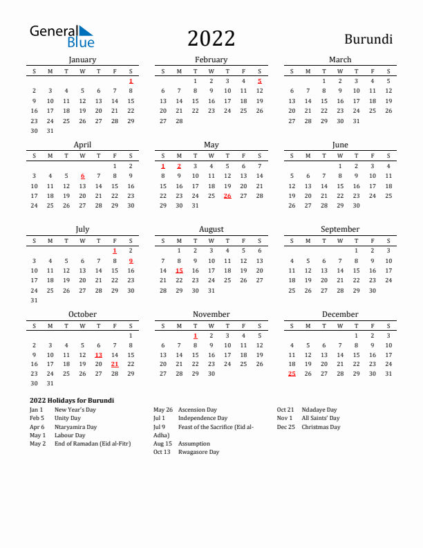 Burundi Holidays Calendar for 2022
