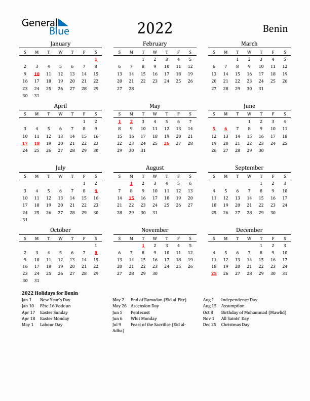 Benin Holidays Calendar for 2022