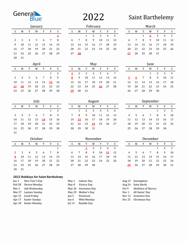 Saint Barthelemy Holidays Calendar for 2022