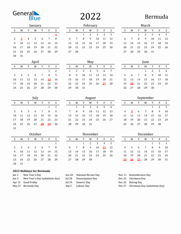 Bermuda Holidays Calendar for 2022