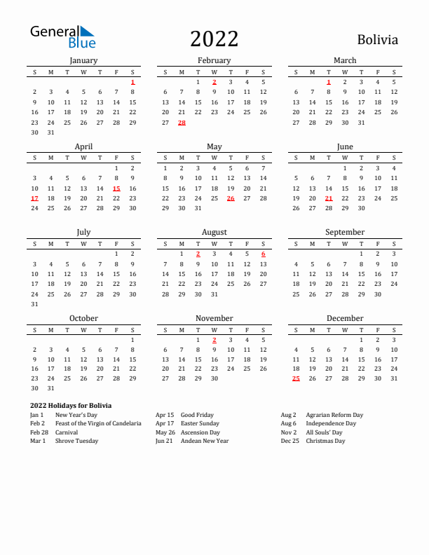 Bolivia Holidays Calendar for 2022