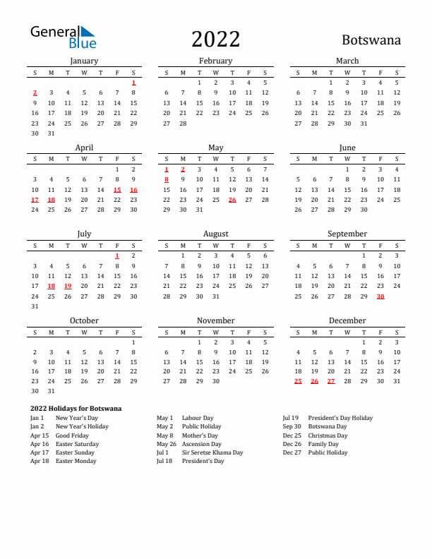 Botswana Holidays Calendar for 2022
