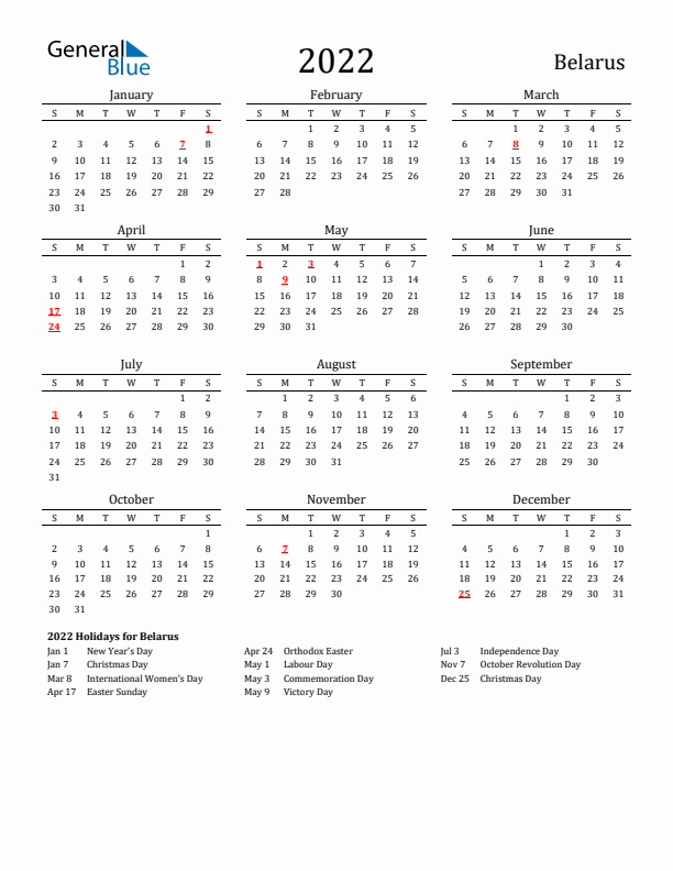 Belarus Holidays Calendar for 2022