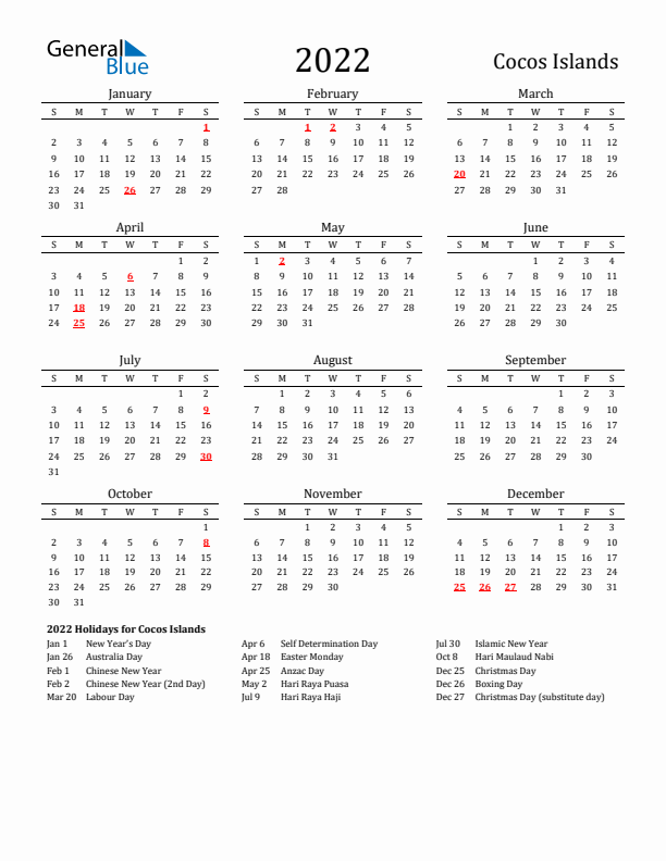 Cocos Islands Holidays Calendar for 2022