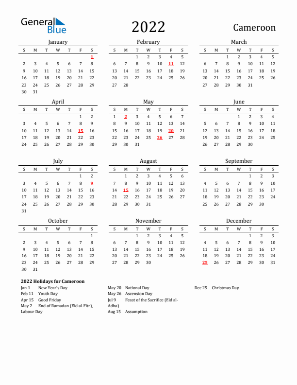 Cameroon Holidays Calendar for 2022