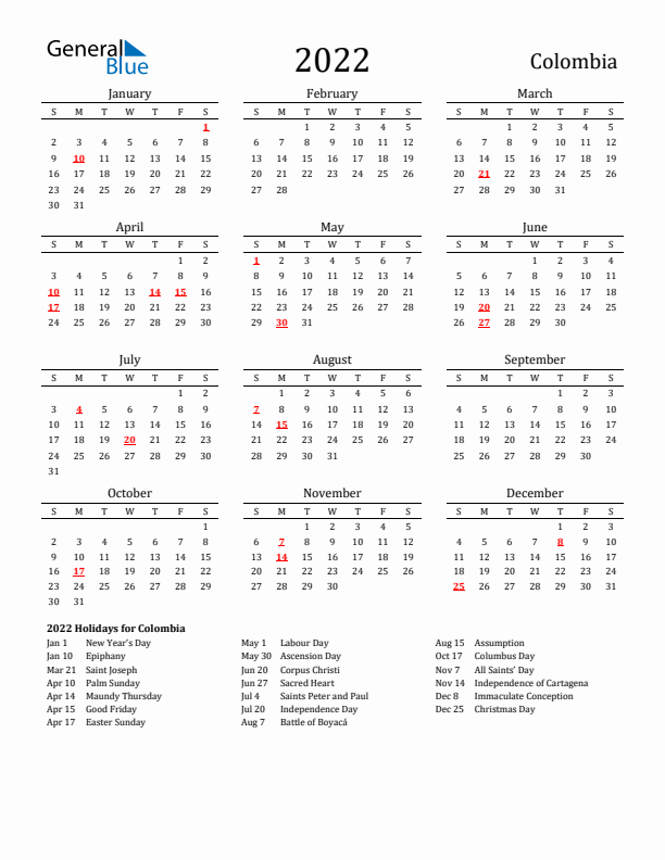 Colombia Holidays Calendar for 2022