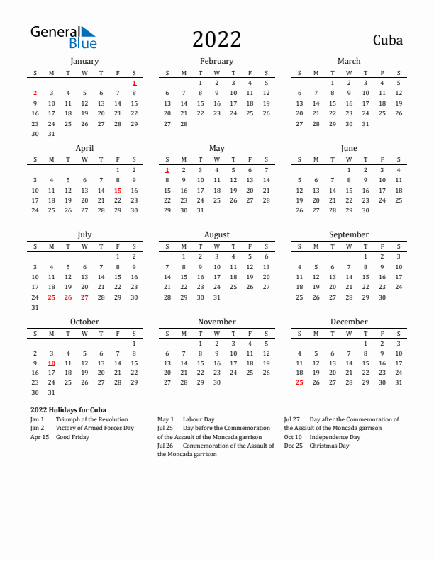 Cuba Holidays Calendar for 2022