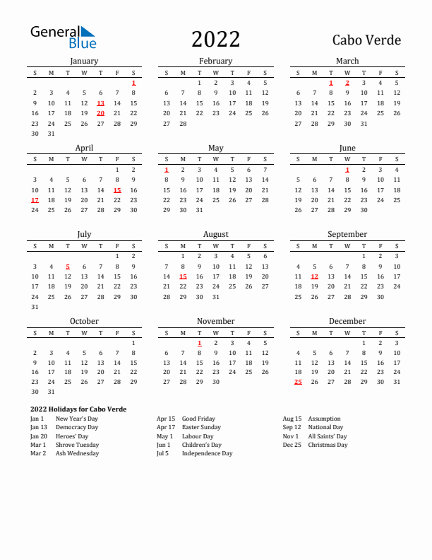 Cabo Verde Holidays Calendar for 2022