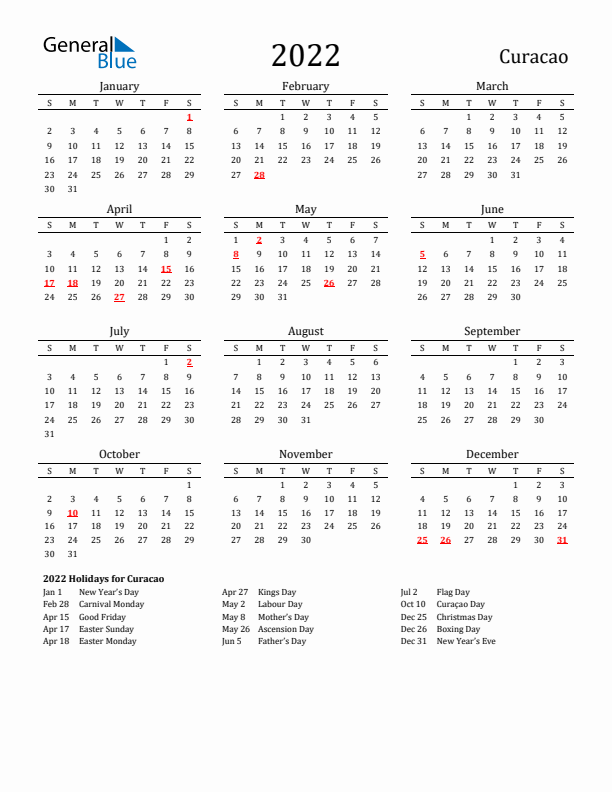 Curacao Holidays Calendar for 2022