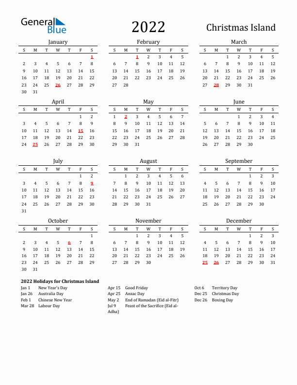 Christmas Island Holidays Calendar for 2022