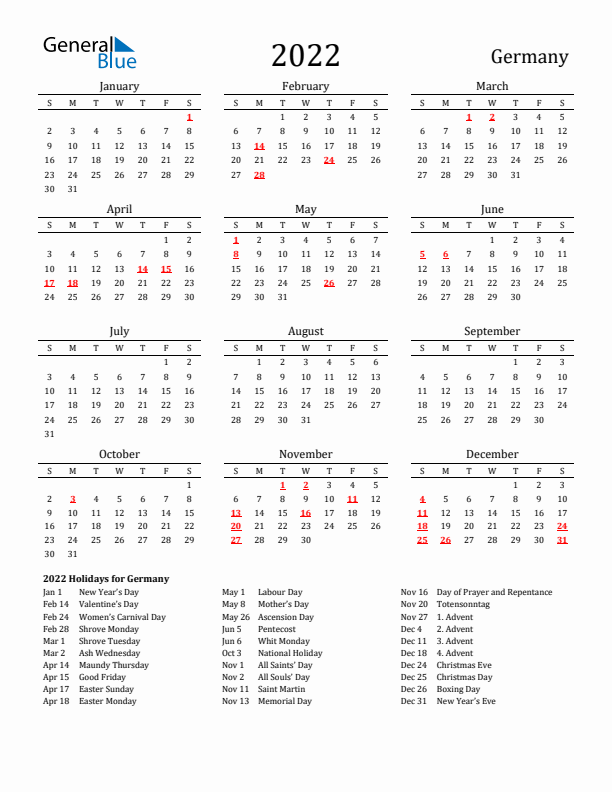 Germany Holidays Calendar for 2022