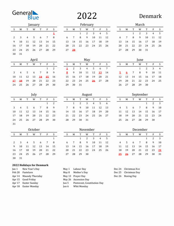 Denmark Holidays Calendar for 2022