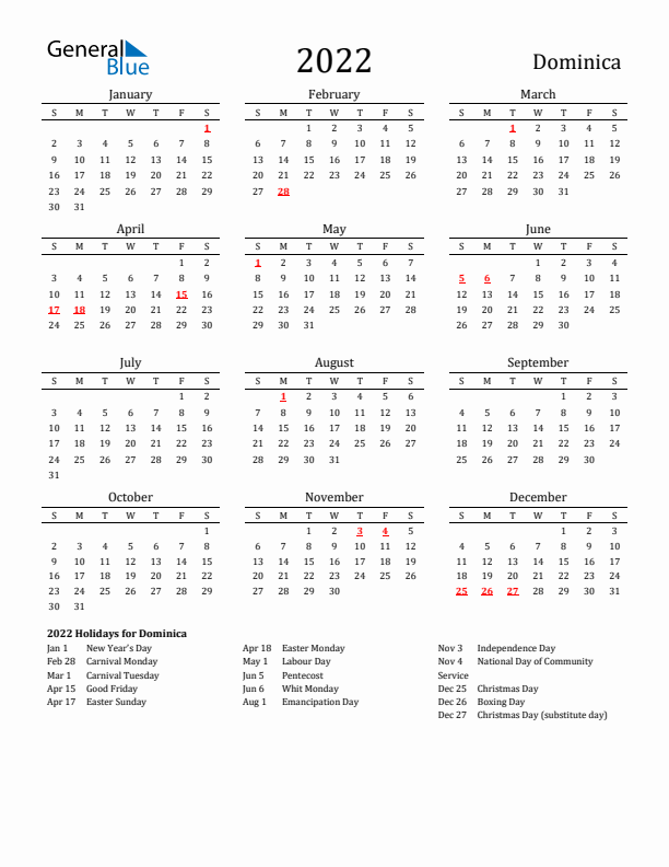 Dominica Holidays Calendar for 2022
