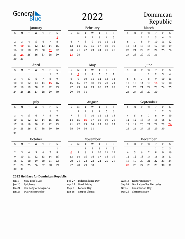 Dominican Republic Holidays Calendar for 2022