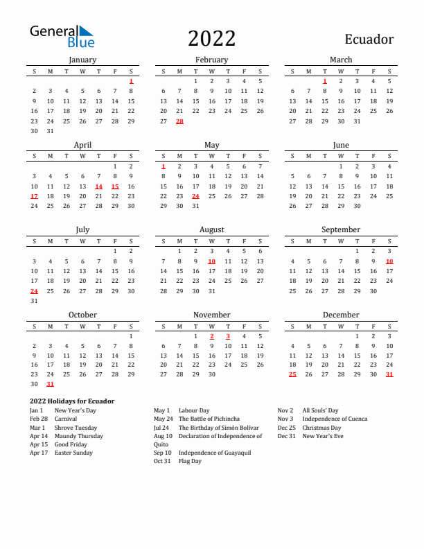 Ecuador Holidays Calendar for 2022