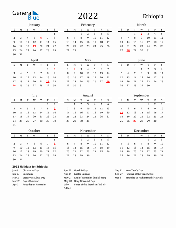 Ethiopia Holidays Calendar for 2022