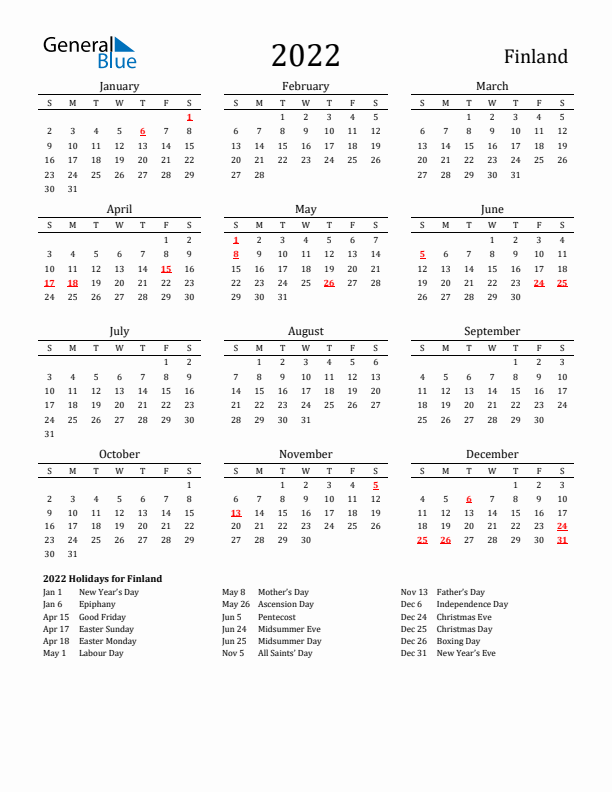 Finland Holidays Calendar for 2022