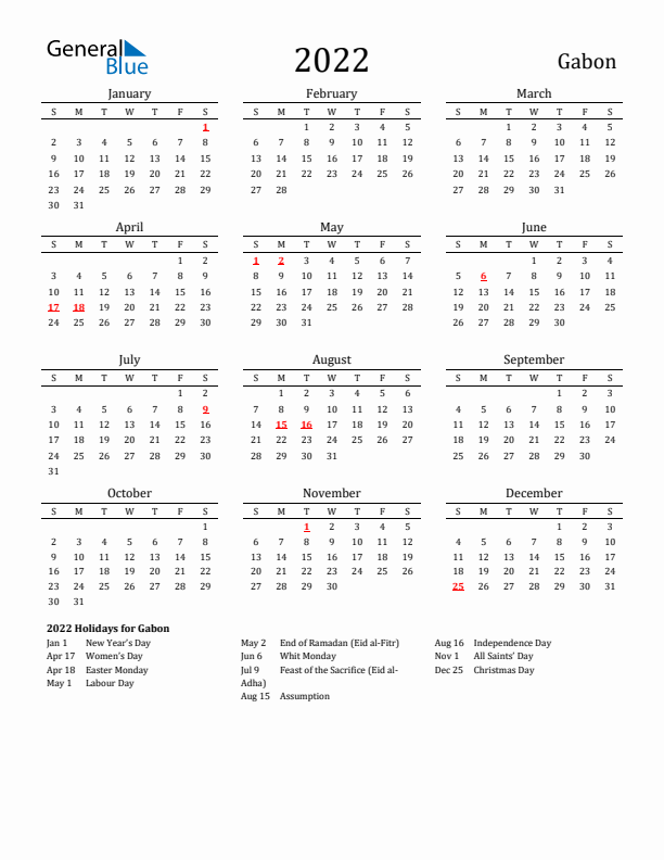 Gabon Holidays Calendar for 2022