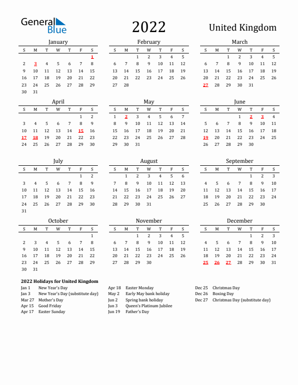 Free United Kingdom Holidays Calendar for Year 2022